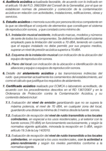 Lista completa de requisitos para solicitar la amenización musical en locales, extraída de la declaración responsable del Ayuntamiento de Valencia, incluyendo auditoría acústica, estudio técnico, limitador y certificaciones.