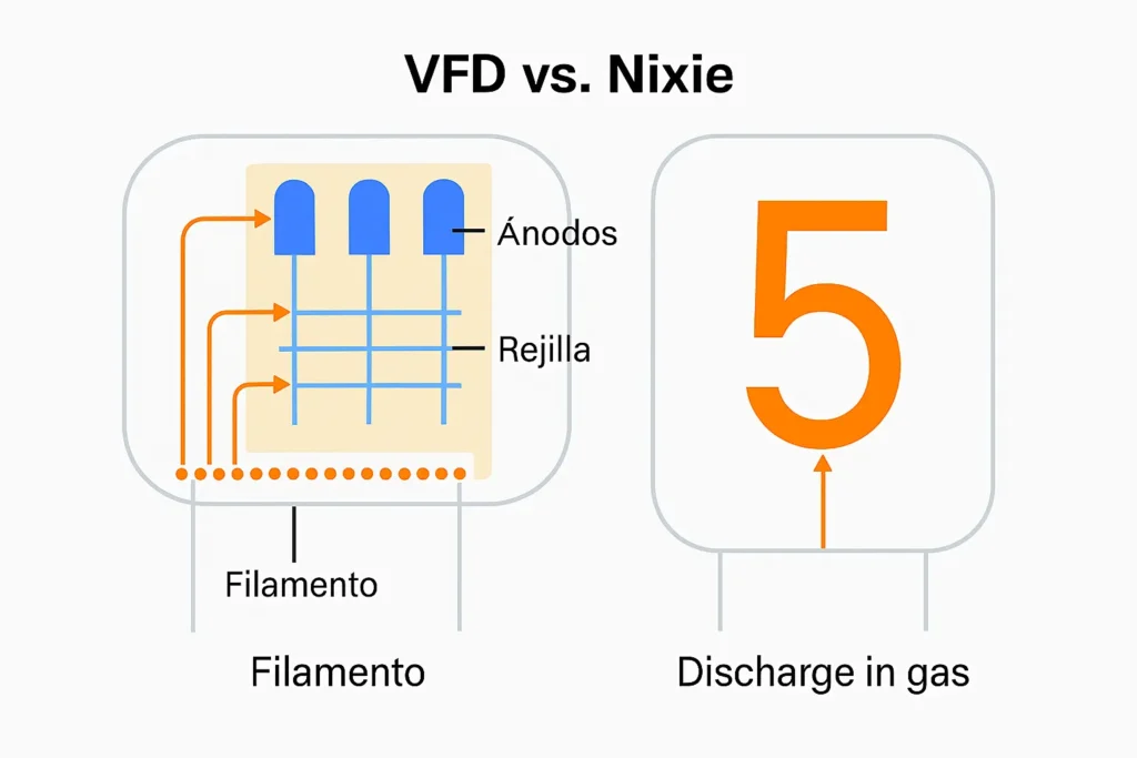 Comparativa de display fluorescente VFD y tubo Nixie y descripción de sus elementos principales