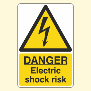 Electric shock hazard sign with a lightning bolt symbol and the text “Danger: Electric shock risk.”