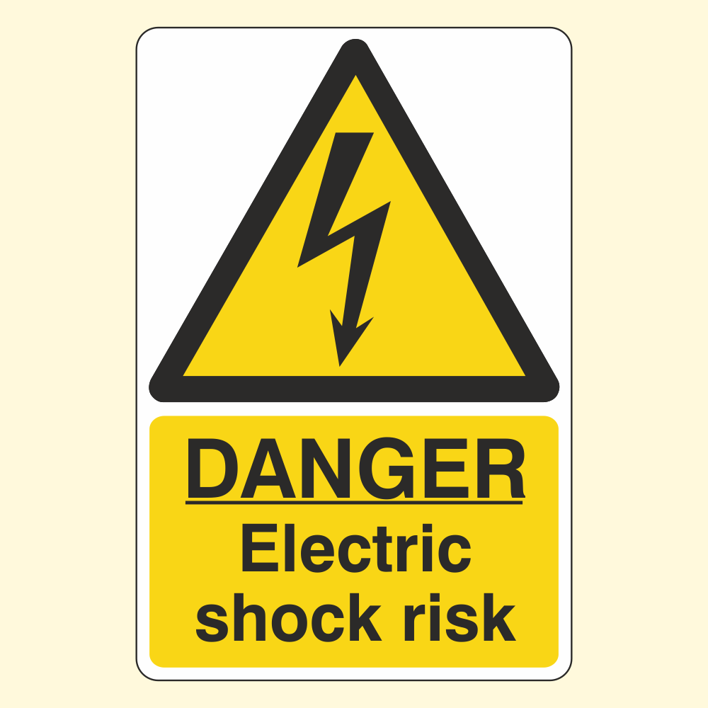 Electric shock hazard sign with a lightning bolt symbol and the text “Danger: Electric shock risk.”