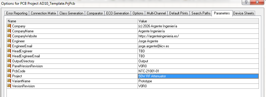 Ventana de opciones de proyecto en Altium Designer 10 mostrando la pestaña Parameters con los datos del proyecto 50W RF Attenuator