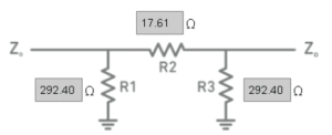 Diagrama de un atenuador Pi para impedancia de 50 ohmios con resistencias R1 y R3 de 292.40 ohmios y resistencia R2 de 17.61 ohmios
