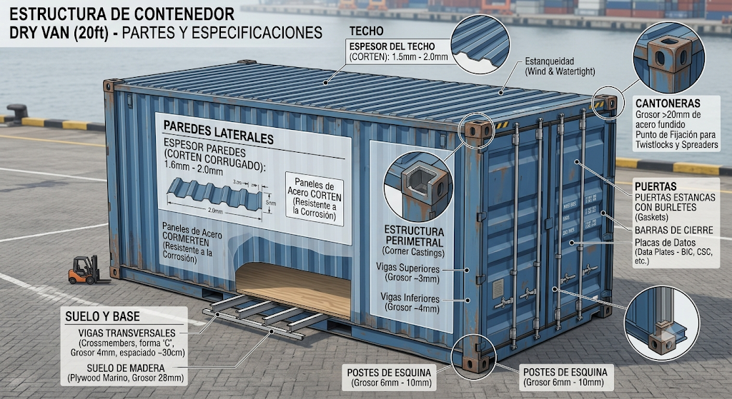 Diagrama de las especificaciones de un contenedor de 20 pies, clave para el estudio de viabilidad de trasteros públicos.
