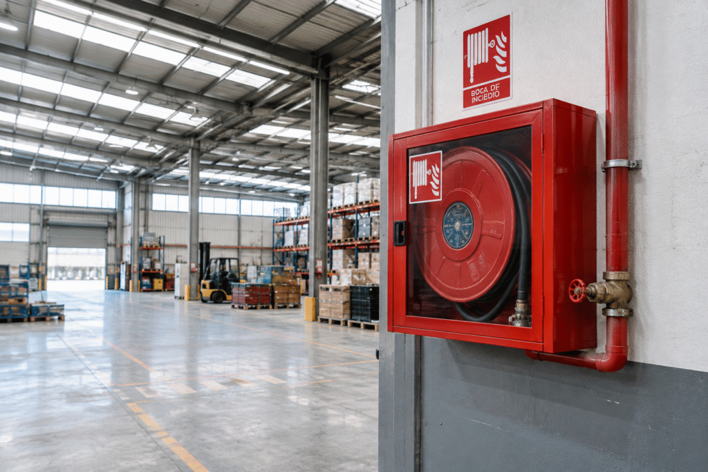 Boca de incendio equipada (BIE) roja instalada en una nave industrial con estructura metálica y cubierta translúcida
