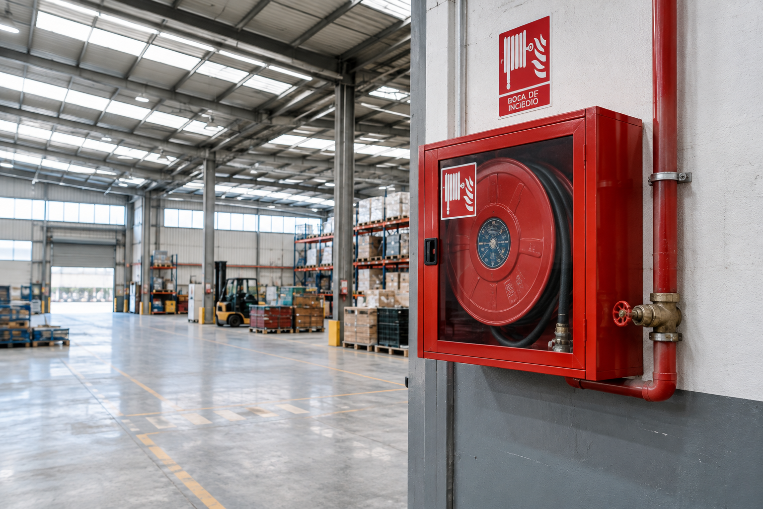 Boca de incendio equipada (BIE) roja instalada en una nave industrial con estructura metálica y cubierta translúcida