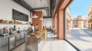 Diseño interior y distribución técnica de una tienda de zumos en Valencia con mobiliario de acero inoxidable y grandes ventanales al exterior.