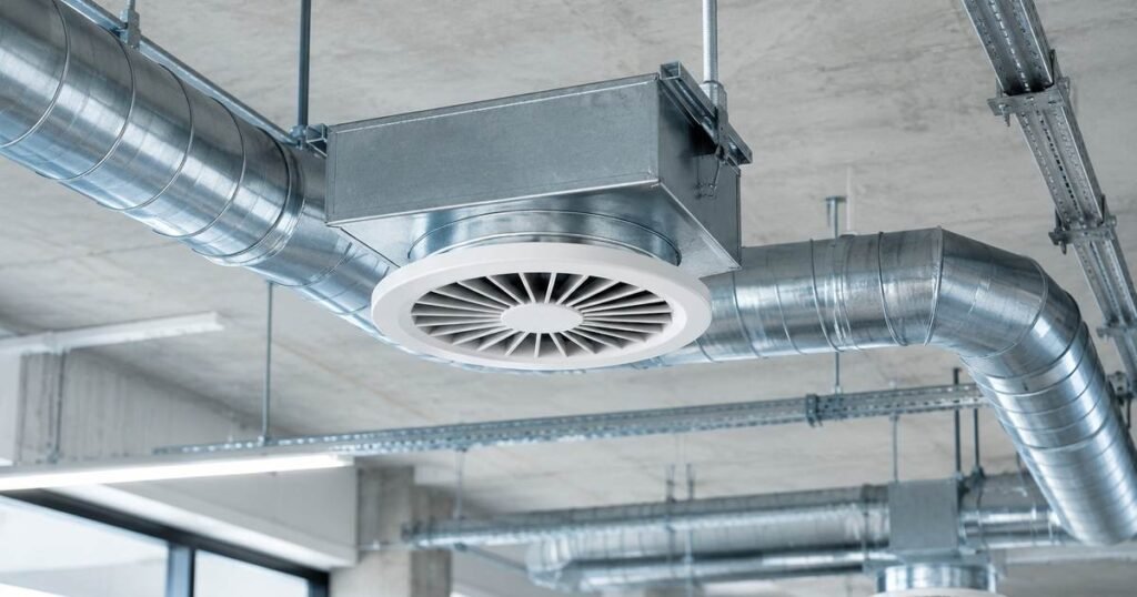 Conductos metálicos y difusor circular de una instalación de ventilación en un edificio comercial
